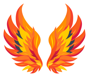 Stylized illustration of a pair of fiery orange, yellow, and red wings on a transparent background