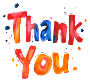 Vibrant watercolor illustration of the words "Thank You" with ink splatters on a transparent background