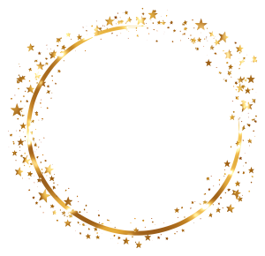 Elegant gold circular frame border with scattered sparkling gold stars on a transparent background