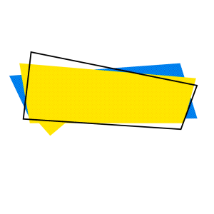 Abstract yellow and blue geometric layered text banner with a black outline on a transparent background