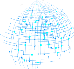 Abstract blue technology globe with a circuit board pattern of lines and connection points on a transparent background