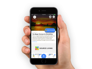 Hand holding an iPhone X displaying a mobile app interface with a transparent background