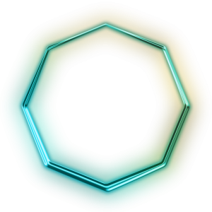 Teal and green glowing neon octagon frame on a white background.