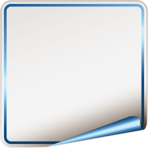 Blank white square adhesive sticker with a thin blue border and the bottom right corner peeled back.