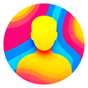 A stylized, colorful abstract user profile avatar icon with a yellow silhouette against blue, pink, and yellow wave patterns.