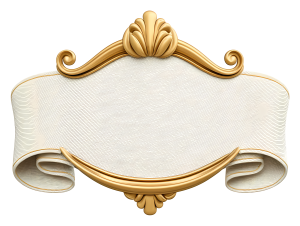 An ornate gold and white decorative banner frame with scroll details and a textured white background.