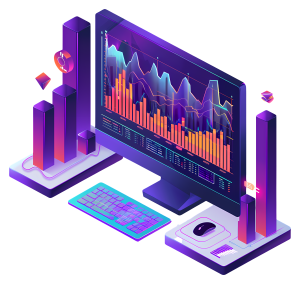 Isometric illustration of a computer setup displaying data analysis and financial graphs for business analytics.