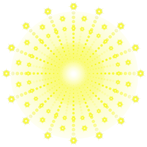 Bright yellow dotted sunburst graphic with radiating lines and sparkling star shapes.