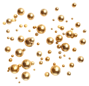 Realistic 3D illustration of various sized shiny gold spheres and beads floating on a white background.