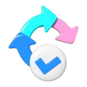 3D illustration icon of a circular process with three arrows and a blue checkmark indicating completion.