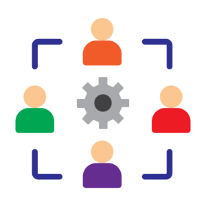 A flat design icon of four people surrounding a central gear with blue corner brackets connecting them, symbolizing a teamwork and collaboration process.