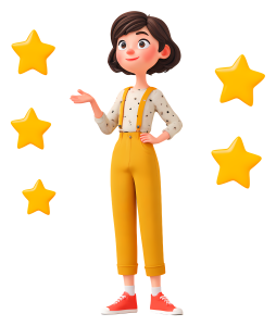 A 3D illustration of a cheerful girl in yellow overalls presenting five yellow stars, representing customer ratings and excellent quality.