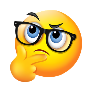 A 3D illustration of a yellow thinking face emoji wearing black glasses with a hand on its chin, representing deep thought or contemplation.