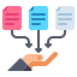 A flat icon showing three colored documents with arrows pointing down into an open hand, symbolizing data consolidation and information flow.
