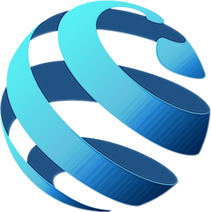 An abstract 3D icon of a blue and cyan sphere with dynamic swirling ribbons, representing global connectivity and technology networks.