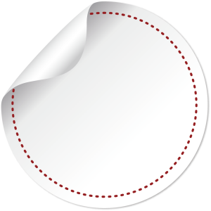 A blank white round circle sticker with a peeled corner and a red dotted border on a transparent background, ready for custom text or graphics.