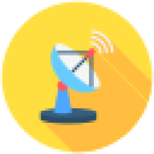 A flat icon of a blue and white satellite dish antenna in a yellow circle, symbolizing communication and signal reception.