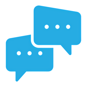 A flat icon of two overlapping blue chat or speech bubbles with an ellipsis inside each, symbolizing ongoing discussion or messaging.
