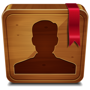 A realistic wood address book icon with a silhouette of a person and a red ribbon, representing contacts or a user profile.