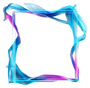 An abstract, dynamic flowing border with neon blue and pink colors swirling around a white square frame on a transparent background.