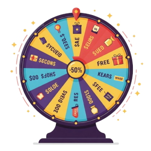 A colorful illustration of a "spin the wheel" or prize wheel game with various icons for discounts and prizes on a transparent background.