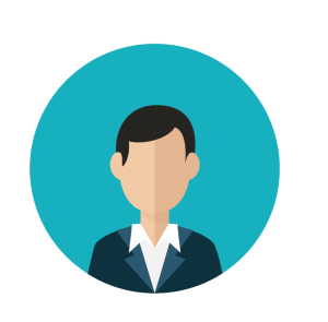 A generic, minimalist avatar icon of a man in a dark suit and white shirt within a teal circle background.