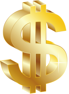A glossy, three-dimensional golden dollar sign symbol with a transparent background.