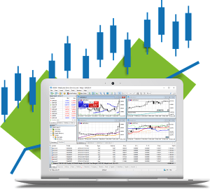 A laptop and mobile phone displaying the MetaTrader 5 financial trading platform with blue candlestick charts and a green trend background.