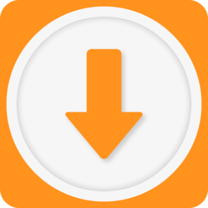 A shiny, orange downward-pointing arrow icon within a white circle, commonly used as a download symbol.