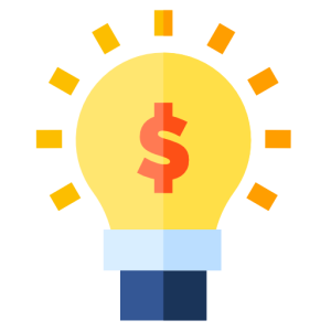A stylized lightbulb icon that is lit up, containing a red dollar sign inside, representing a financial or business idea.