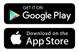 Official black "Download on the App Store" and "Get it on Google Play" buttons.