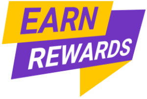 A vibrant yellow and purple banner graphic with the text "EARN REWARDS".