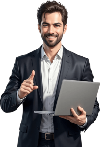 A smiling professional man in a black suit using a silver laptop and pointing.