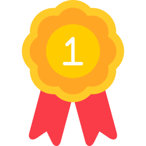 Flat design gold first place medal with a red ribbon and the number 1