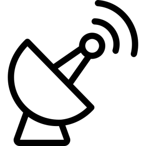 A black outline icon of a satellite dish with signal waves, representing global communication or broadcasting.