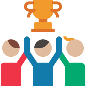 An illustration of three people raising a large gold trophy cup together, symbolizing team victory and successful collaboration.