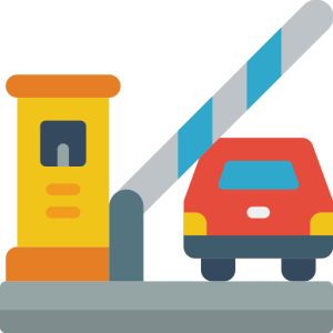 A flat-style illustration of a red car stopped at a yellow toll booth with a blue and white striped barrier.