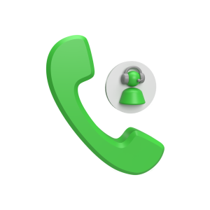 A 3D illustration of a green phone receiver and a user profile icon with a headset, representing customer support or a call center.