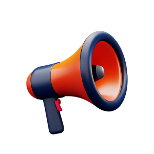 A 3D illustration of a bright orange and blue megaphone or bullhorn on a white background, symbolizing an announcement or marketing message.