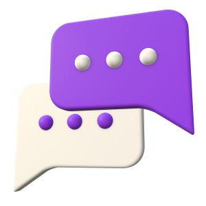 A 3D illustration of two overlapping chat bubbles (one purple, one off-white) with ellipses inside, representing an online conversation or messaging.