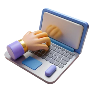 A 3D illustration of a hand with a purple cuff typing on a laptop keyboard with a blue mouse