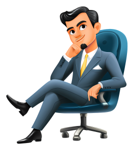 onfident cartoon businessman in a grey suit and yellow tie sitting in a blue office chair