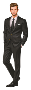 Confident cartoon businessman in a black suit standing with hands in pockets