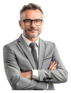 Confident middle-aged businessman wearing black glasses and a light grey suit with his arms crossed