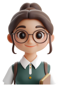 Cute 3D female student avatar with a hair bun, round glasses, green vest, and a book