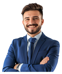 Confident young businessman in a blue suit and tie smiling with his arms crossed