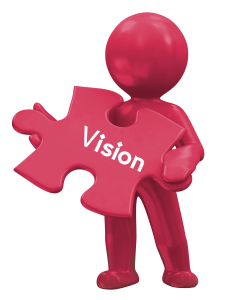 A red 3D character holding a pink jigsaw puzzle piece with the word "Vision" on it, representing a business solution or goal.