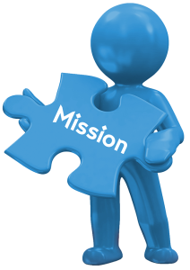 A blue 3D character holding a light blue jigsaw puzzle piece with the word "Mission" on it, representing a business purpose or goal.
