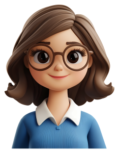 Cute 3D female teacher avatar with brown hair, round glasses, and a blue shirt with white collar