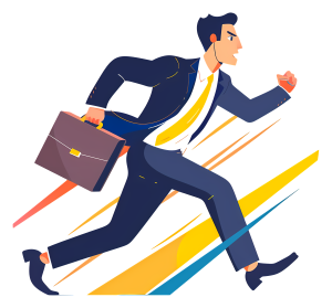 Energetic cartoon businessman in a dark suit running fast while holding a briefcase